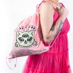 Alien Kitty Convertible Plush Drawstring Backpack & Crossbody Bag