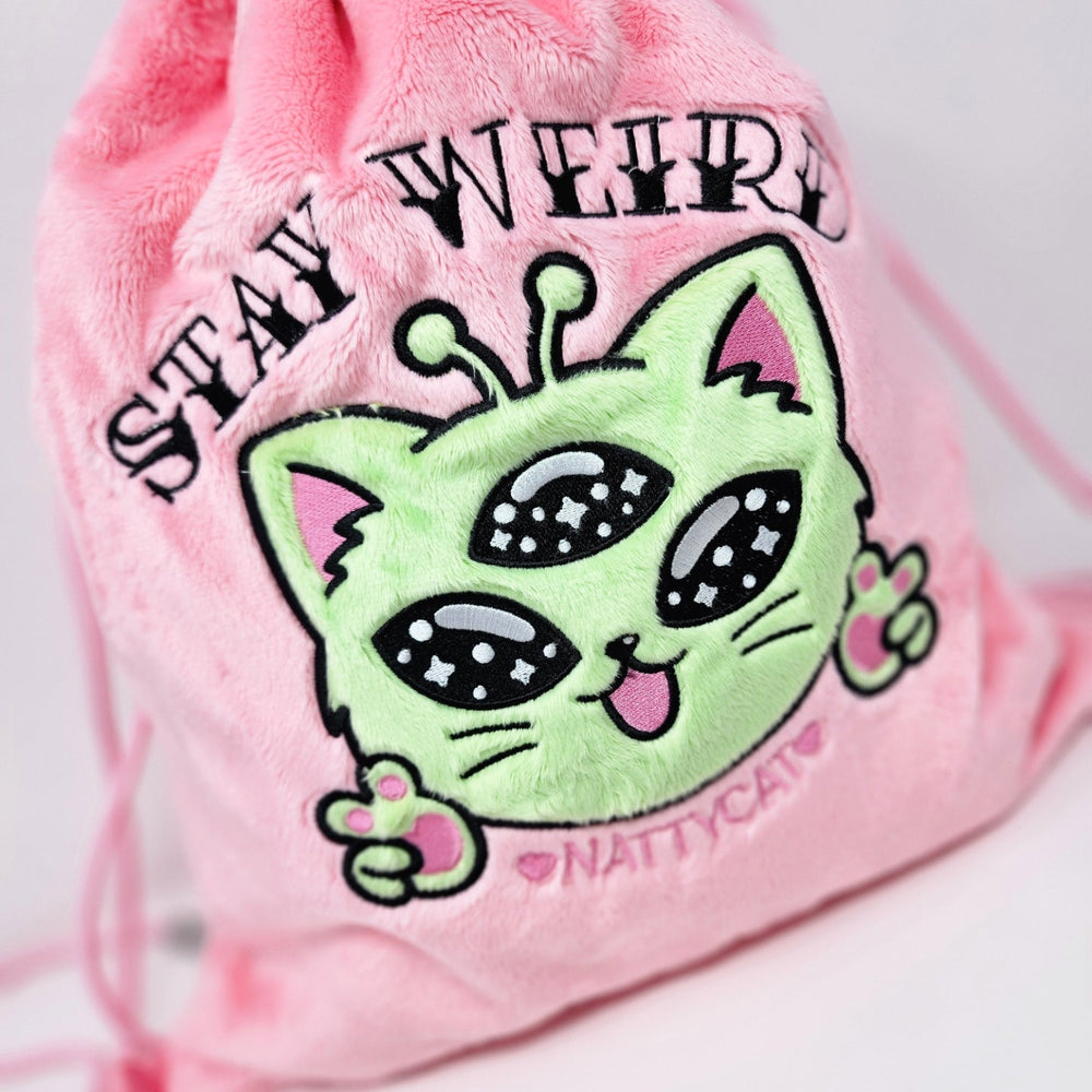 
            
                Load image into Gallery viewer, Alien Kitty Convertible Plush Drawstring Backpack &amp;amp; Crossbody Bag
            
        