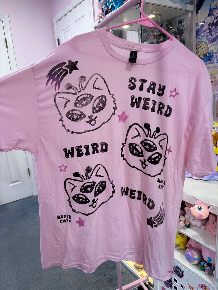 STAY WEIRD Pastel Pink & Black Alien Kitty Shirt - XL