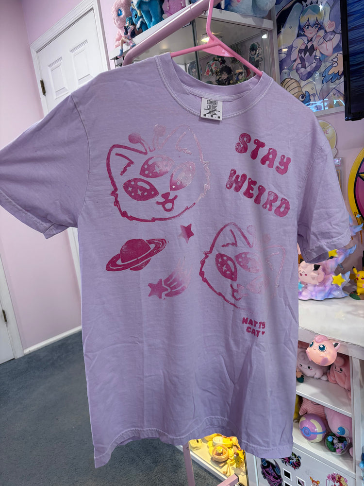 STAY WEIRD Pink/White/Purple Alien Kitty Shirt - Medium