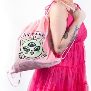 
            
                Load image into Gallery viewer, Alien Kitty Convertible Plush Drawstring Backpack &amp;amp; Crossbody Bag
            
        